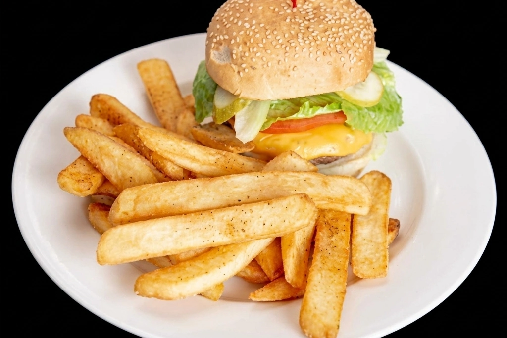 Charbroiled burger topped with mushrooms and melted cheese served with fries at Capital Pizza & Steak House in Belle Rive, Edmonton