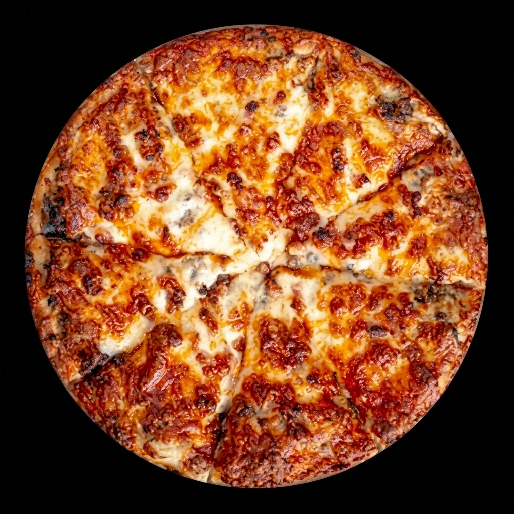 All meat deep-dish pizza with bacon, pepperoni, ham and beef at Capital Pizza Belle Rive Edmonton