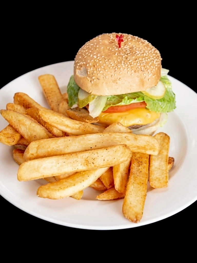 Charbroiled cheeseburger with fries and gravy at Capital Pizza Belle Rive Edmonton