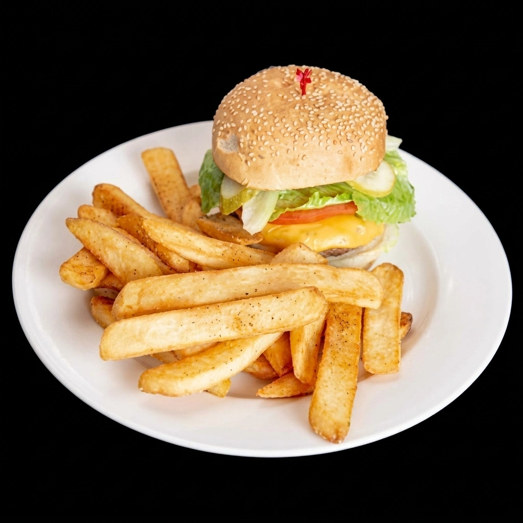 Capital Famous Burger at Capital Pizza & Steak House Edmonton - charbroiled beef burger with cheddar, bacon and fries
