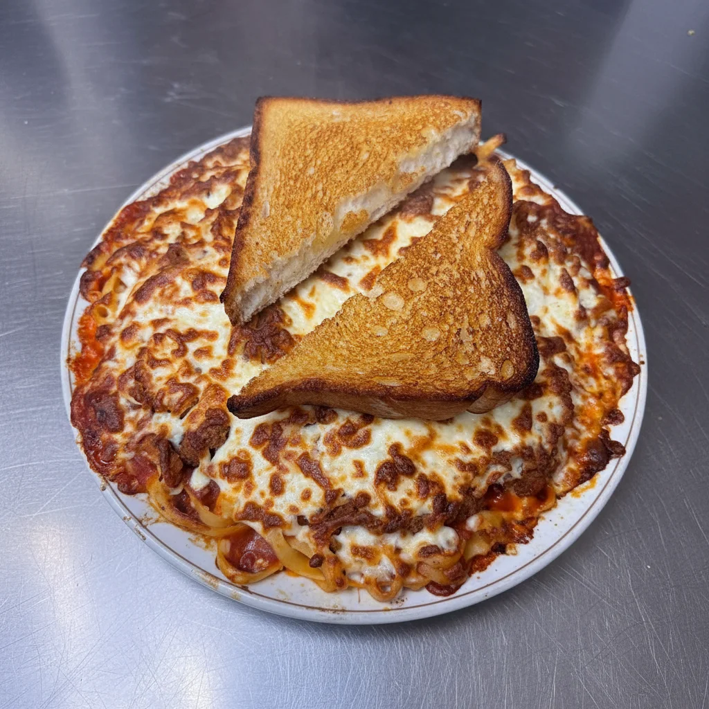 Chicken Parmagiana at Capital Pizza & Steak House Edmonton - breaded chicken baked with meat sauce and melted cheese on pasta