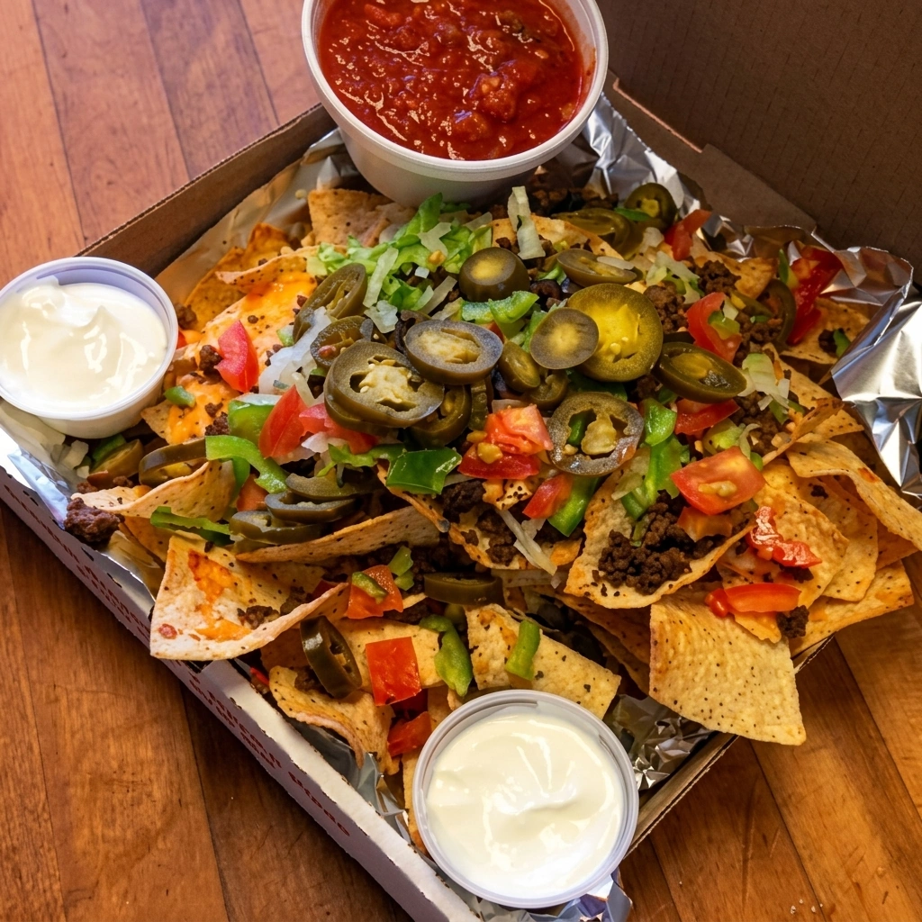 Loaded Nachos at Capital Pizza & Steak House Edmonton - tortilla chips with melted cheese, tomato, jalapenos and green peppers